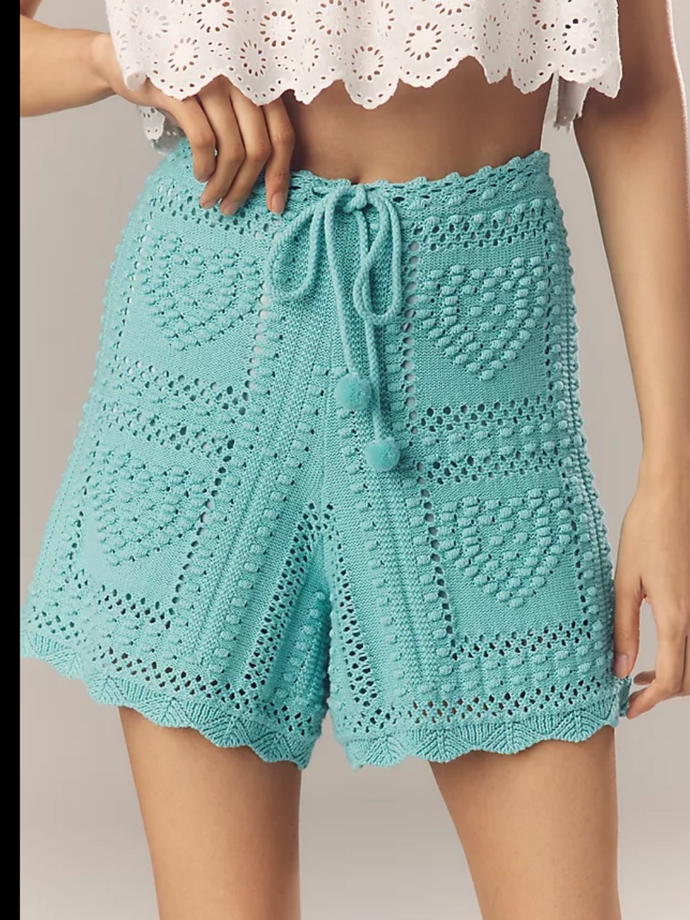FARM Rio Aqua Crochet Heart High-Waist Shorts